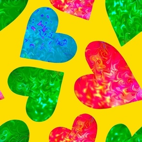 Hearts on Yellow - Large Scale / Liquid Art Hearts / Marble Art Hearts