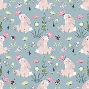 Cute rabbit with flowers and pink butterflies on a blue-gray background.