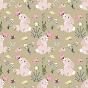 Cute bunny with flowers and pink butterflies on a beige-mustard background.