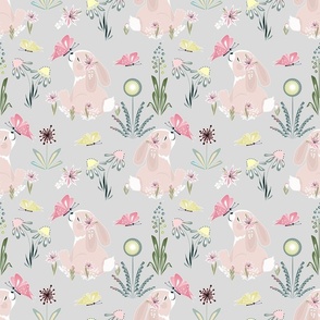 Cute rabbit with flowers and pink butterflies on a light gray background.