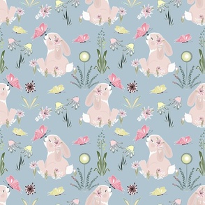 Cute rabbit with flowers and pink butterflies on a light gray-blue background.