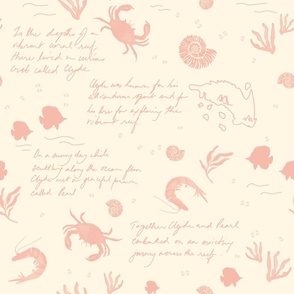 Crabs, prawns and seaweed in vintage pink