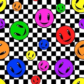 Y2K Clowncore Neon Smiling Rainbow Happy Faces on a Black and White Checkerboard