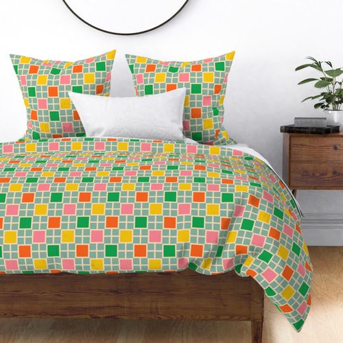 Cheerful-Retro-Checks---orange-grass-green-bold-yellow-pink-on-teal-blue-XL-jumbo