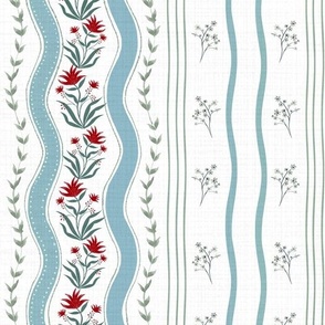 Stripes-block print, Indian mughal flower, blues, red, soft blue