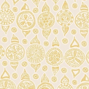 Line Art Decorative Block Print Ornaments - Yellow on Eggshell Off White