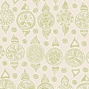 Line Art Decorative Block Print Ornaments - Green on Eggshell Off White
