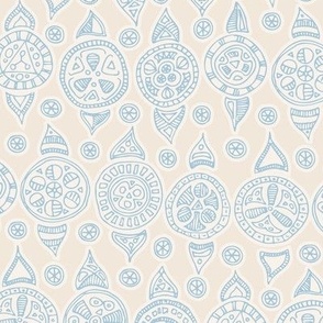 Line Art Decorative Block Print Ornaments - Light Blue on Eggshell Off White