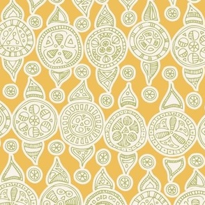 Line Art Decorative Block Print Ornaments - Green on Sunny Yellow