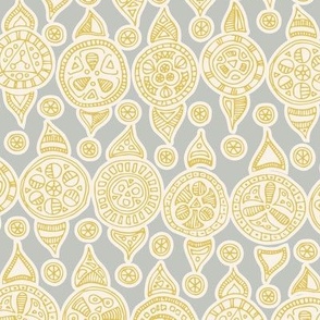 Line Art Decorative Block Print Ornaments  - Gold Yellow and Light Silver Grey