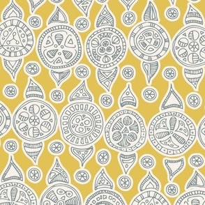 Line Art Decorative Block Print Ornaments - Silver Grey and Golden Yellow