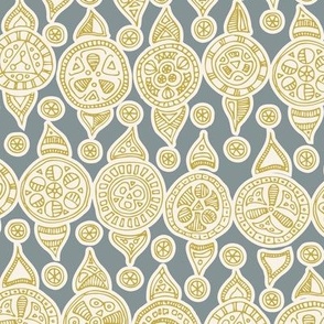 Line Art Decorative Block Print Ornaments - Gold Yellow and Dark Silver Grey