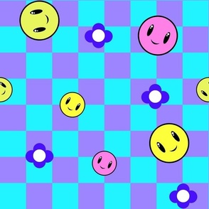 Y2K Pastel Clowncore Happy Faces and Flowers, on a Purple and Blue Checkerboard