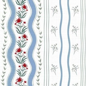 Stripes-block print, Indian mughal flower, blues, red, muted
