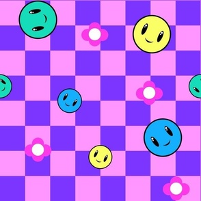 Y2K Pastel Clowncore Happy Faces and Flowers, on a Purple and Pink Checkerboard