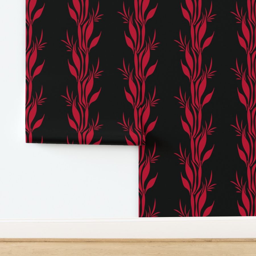 African pattern - red leaves on midnight black