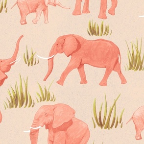Elephant Safari African Animal Print Red On Beige