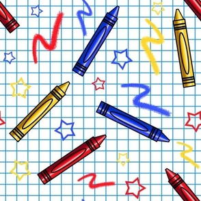 Kidcore Aesthetic Primary Colors Crayons, Scribbles and Stars on a Blue and White Grid Background