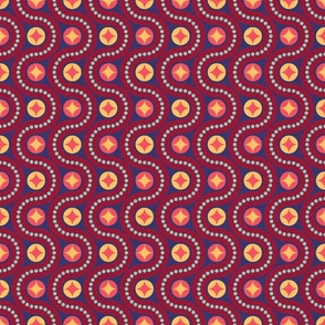 Dancing waves (small) in warm summery colours - burgundy, orange, navy - retro geometric pattern