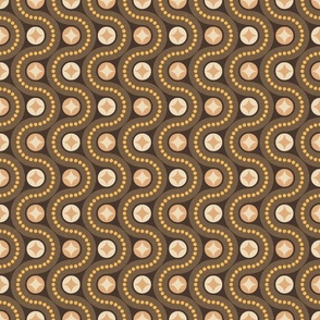 Dancing waves (small) in peaceful autumnal colours - olive, yellow, peach - retro geometric pattern
