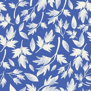 White Shadowy Leaves on Blue  24 in