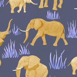 Elephant Safari African Animal Print Golden Yellow on Dark Electric Blue