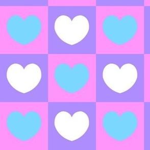 Y2K Blue and White Hearts on a Pastel Pink and Purple Checkerboard