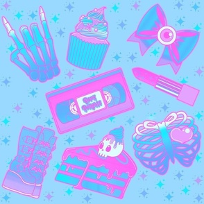 Pastel Goth Skull Cakes, Bat Cupcakes, VHS Tapes, Ribcages, Lipsticks, Skeleton Hands, Eyeball Bows, and Platform Boots - Pink and Blue Colorway