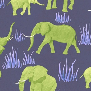 Elephant Safari African Animal Print Green On Dark Electric Blue