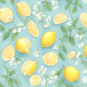 Lemons Leaves and White Blossoms Mint Floral