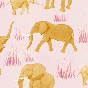 Elephant Safari African Animal Print Golden Yellow On Light Pink