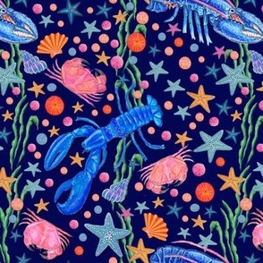 A Crab and Lobster Party in Neon pink,  orange and blue on navy