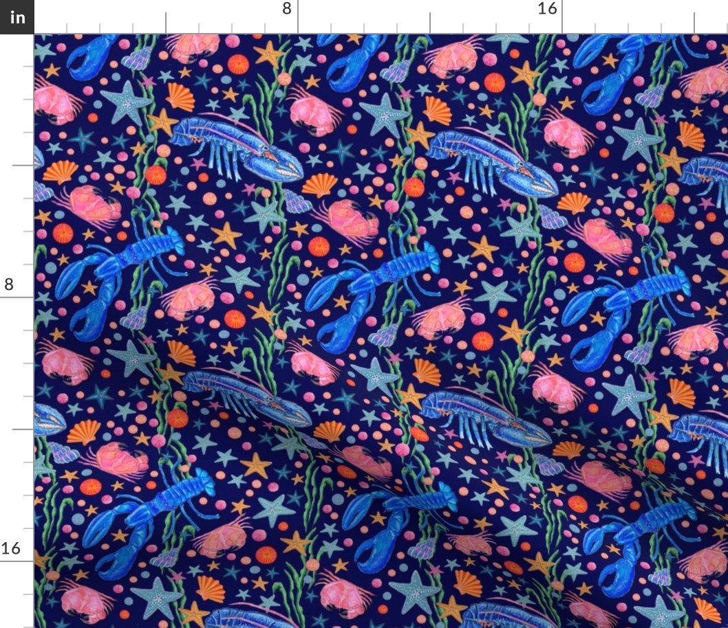 A Crab and Lobster Party in Neon pink,  orange and blue on navy