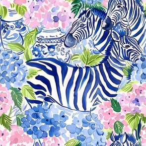 Blue zebras and hydrangea flowers in ginger jars