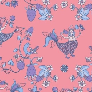 Cute Folk Birds and Strawberries on Pink