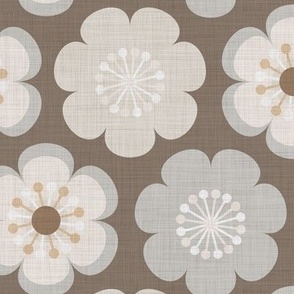 japandi neutrals -calm fun abstract scandi 70's inspired flowers in light chocolate brown, grey, stone, cream on texture(L)