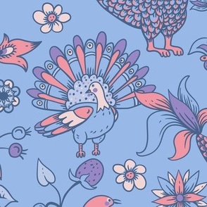 Cute Folk Birds, Peacock and Strawberries on Blue - L