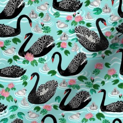 waterlilies and black mother swans with their babies on tropical blue at Spoonflower