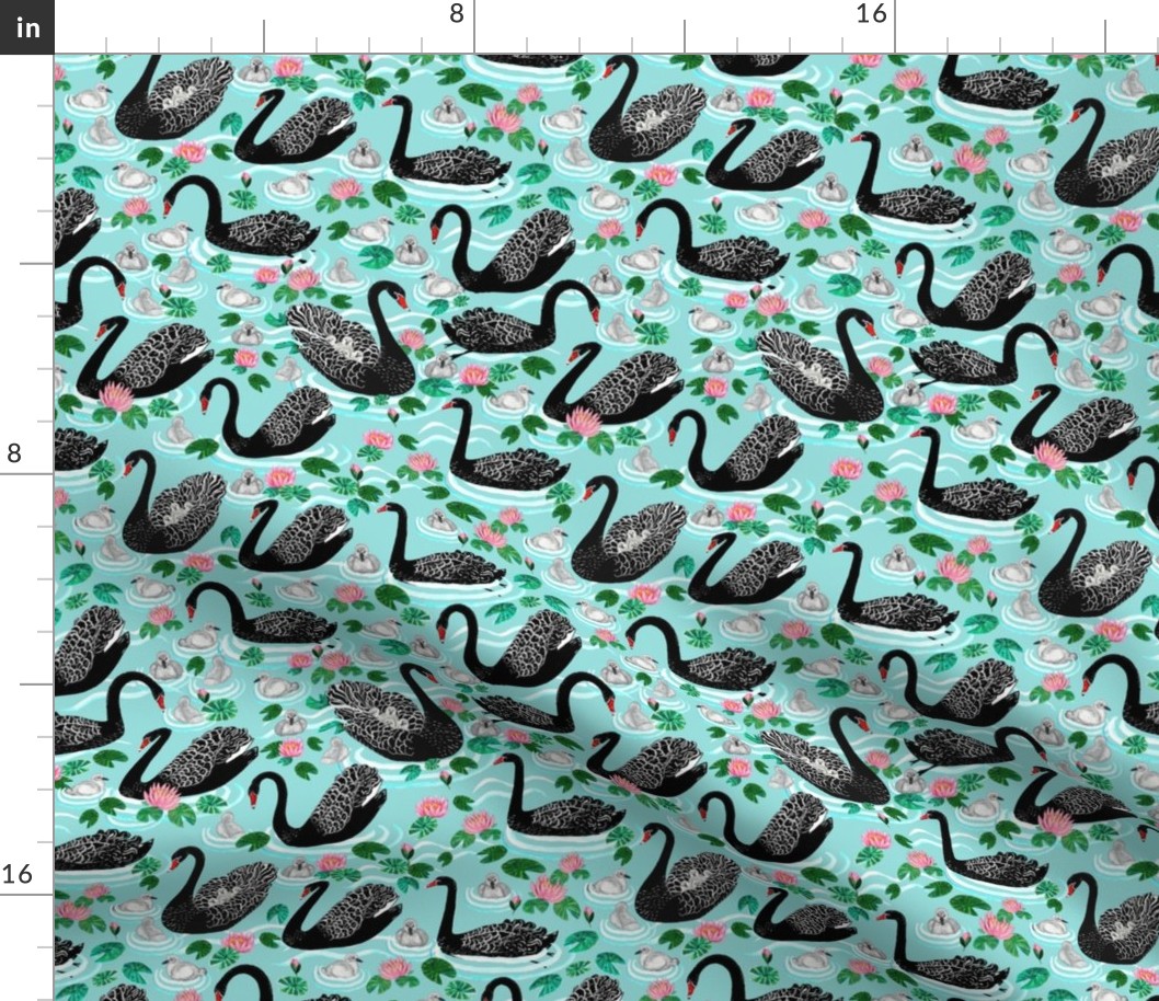 waterlilies and black mother swans with their babies on tropical blue at Spoonflower