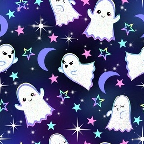 Kawaii Pastel Goth Flying Glittery Ghosts With Stars, Moons, and Sparkles