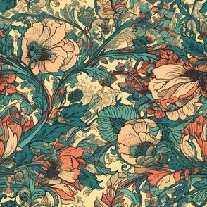 Traditional Oriental Floral in Teal and Coral