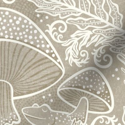 Frogs and Mushrooms Damask- Magic Forest- Ferns- Snails- Toads- Cottagecore- Arts and Crafts- Victorian- Hollywood Regency- Beige- Light Neutral Earth Tones- Large