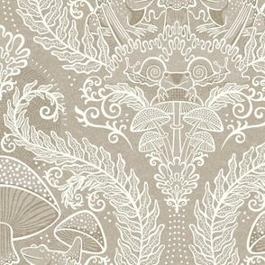 Frogs and Mushrooms Damask- Magic Forest- Ferns- Snails- Toads- Cottagecore- Arts and Crafts- Victorian- Hollywood Regency- Beige- Light Neutral Earth Tones- Large