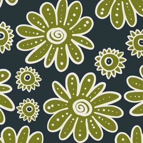 Outlined flowers (XL) - big daisy and small chamomilla in whimsical summer design - bright green and white on dark green