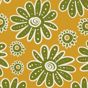 Outlined flowers (XL) - big daisy and small chamomilla in whimsical summer design - green and white on goldenrod yellow