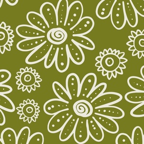 Outlined flowers (XL) - big daisy and small chamomilla in whimsical summer design - white on bright green