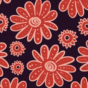 Outlined flowers (XL) - big daisy and small chamomilla in whimsical summer design - red and pink on black
