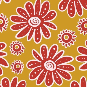 Outlined flowers (XL) - big daisy and small chamomilla in whimsical summer design - red and white on goldenrod yellow