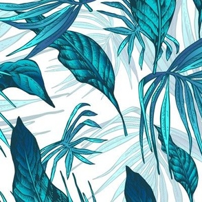 Blue tropical leaves on white