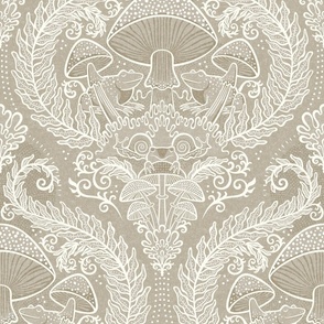 Frogs and Mushrooms Damask- Magic Forest- Ferns- Snails- Toads- Cottagecore- Arts and Crafts- Victorian- Hollywood Regency- Beige- Light Neutral Earth Tones- Medium